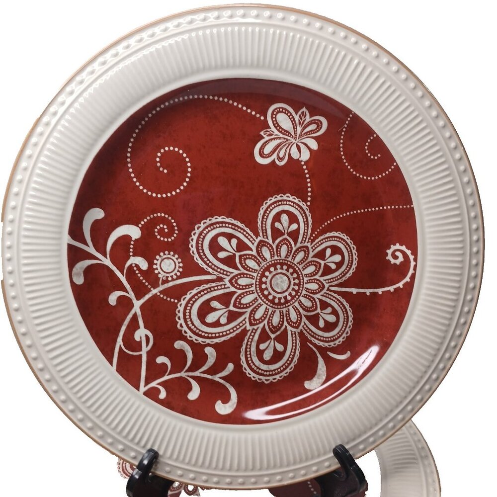 2 Pier 1 Imports Maribeth Red Off White Dinner Plates 11" Ironstone